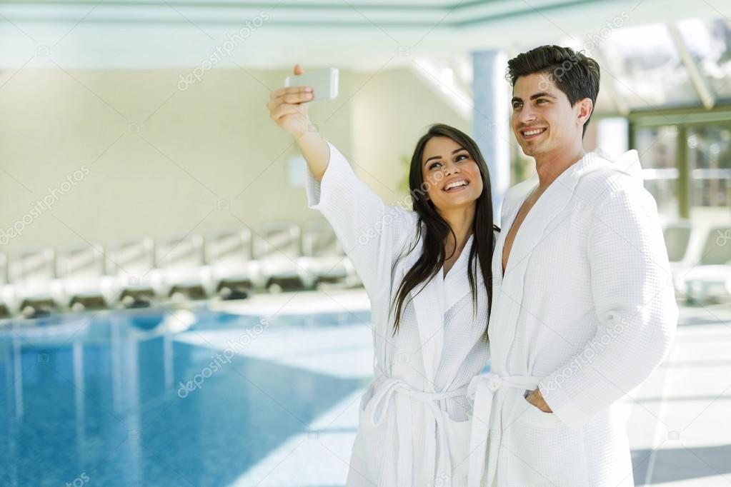 Couple in love in a robe