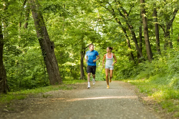 Junge Leute joggen in der Natur — Stockfoto