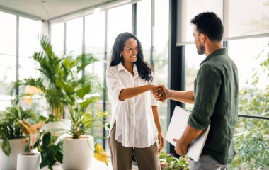 Çeşitli etnik çeşitlilikteki girişimci ve iş adamlarından oluşan başarılı bir grup, kurumsal ofiste hedeflerine ulaşıyor.