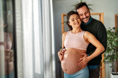 Aşk, şefkat, ilişki ve yeni aile kavramı. Aşık bir adam hamile karısına sarılır, birlikte bebeklerin gelmesini beklerler.