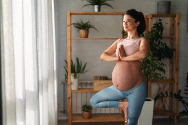 Evde çalışan hamile bir kadının portresi. Hamile kadın evde yoga yapıyor. Hamilelik yogası ve fitness.