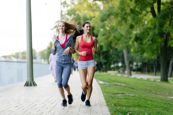 İki kadın parkta koşu — Stok fotoğraf