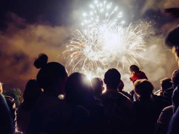 Multidão wathcing fogos de artifício — Fotografia de Stock