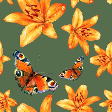 Zambak ve kelebek desenli suluboya. Yaz botanik illüstrasyonu.