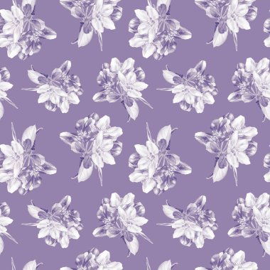 İlkbaharın kusursuz çiçek açan elma ağaçları. Çiçeksiz suluboya desen.