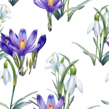 Bahar suluboya kusursuz timsah ve kardelen deseni. Çiçeklerin neşeli Paskalya arkaplanı.