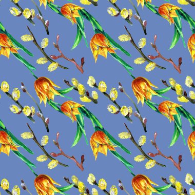 Bahar dalları ve lalelerin suluboya desenleri, Paskalya illüstrasyonu.