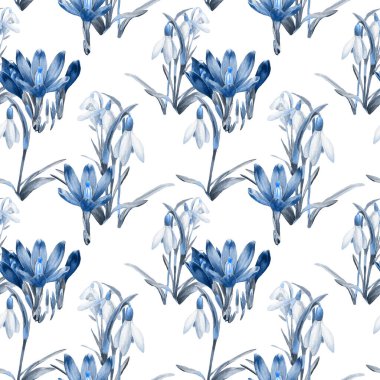 Bahar suluboya kusursuz timsah ve kardelen deseni. Çiçeklerin neşeli Paskalya arkaplanı.