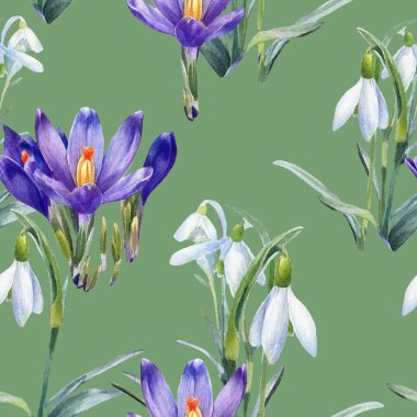 Bahar suluboya kusursuz timsah ve kardelen deseni. Çiçeklerin neşeli Paskalya arkaplanı.