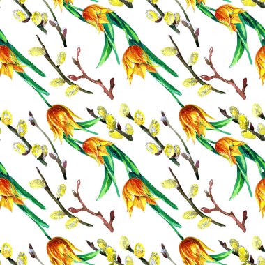 Bahar dalları ve lalelerin suluboya desenleri, Paskalya illüstrasyonu.