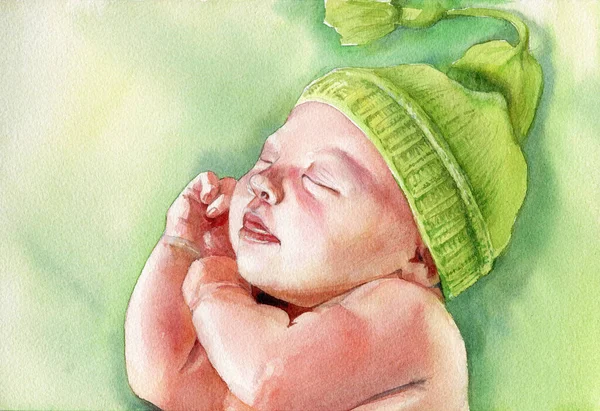 Şapkalı Yeni Doğmuş Bir Bebeğin Portresi Bir Bebeğin Suluboya Portresi — Stok fotoğraf