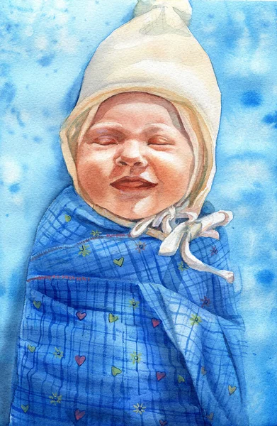 Retrato Bebé Recién Nacido Con Sombrero Retrato Acuarela Bebé — Foto de Stock