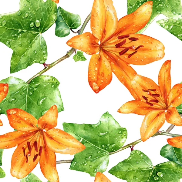 Υδατογραφία Χωρίς Ραφή Μοτίβο Λουλούδια Κρίνου Και Κισσός Dewdrops — Φωτογραφία Αρχείου