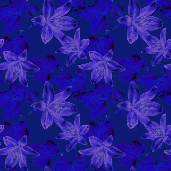 Akvarell Sömlös Mönster Lilja Blommor Och Murgröna Daggdroppar — Stockfoto