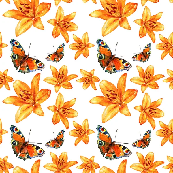 ユリや蝶の水彩シームレスパターン 夏の植物図 — ストック写真