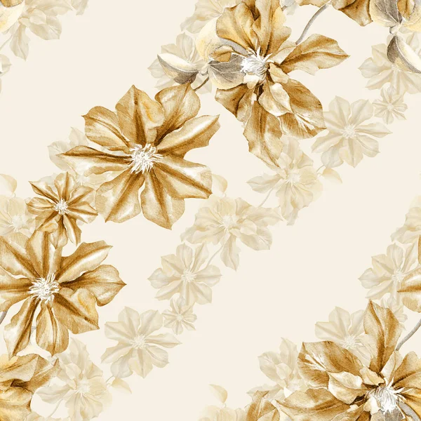 Watercolor seamless pattern of clematis flowers. Original Botanical background.