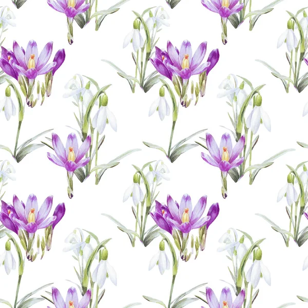 Spring Watercolor Seamless Pattern Crocuses Snowdrops Festive Easter Background Flowers — Stock Photo, Image