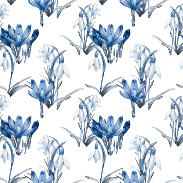 Spring Watercolor Seamless Pattern Crocuses Snowdrops Festive Easter Background Flowers — Stock Photo, Image