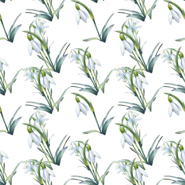 Spring Background Watercolor Seamless Pattern Snowdrops — Stock Photo, Image