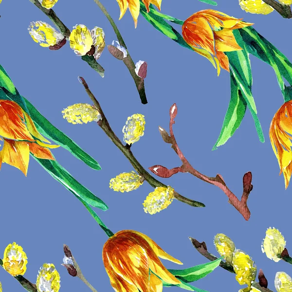 春枝和郁金香的水彩画 复活节插图 — 图库照片