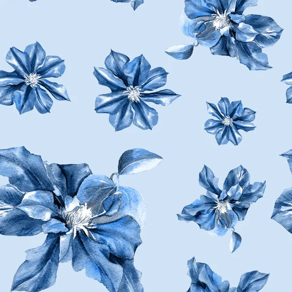 Watercolor Seamless Pattern Clematis Flowers Original Botanical Background — Stock Photo, Image