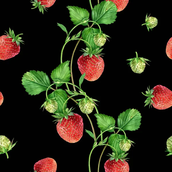 Akvarell Sömlös Jordgubbsmönster Jordgubbsträdgård Botanisk Illustration Mönster Buskar Och Bär — Stockfoto