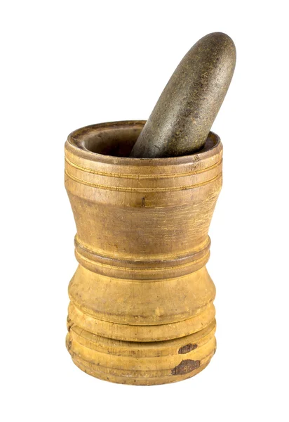 An old wooden mortar with stone pestle — Stock Photo, Image