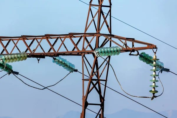 Power lines on metal poles with powerful power wires. Electrisity