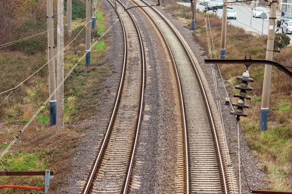 Top view to railway tracks, railroad rails — Stock Photo, Image