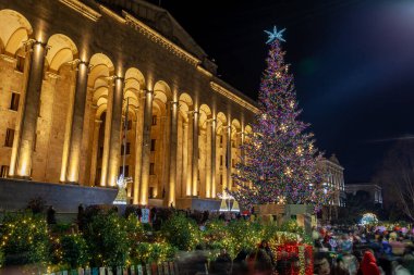 Tiflis, Gürcistan - 26 Aralık 2020: Gürcistan Parlamentosu önünde Noel ağacı