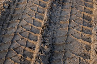 Yol, su birikintisi ve çamurda büyük araba tekerleği izi var. Yer