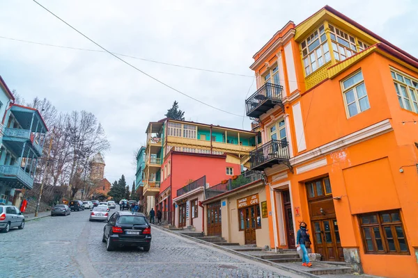Tbilissi Géorgie Avril 2021 Maisons Traditionnelles Colorées Avec Balcons Sculptés — Photo