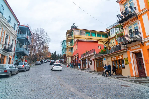 Tbilissi Géorgie Avril 2021 Maisons Traditionnelles Colorées Avec Balcons Sculptés — Photo