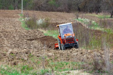 Küçük bir traktör tohum ekmek için toprağı işliyor. Tarım