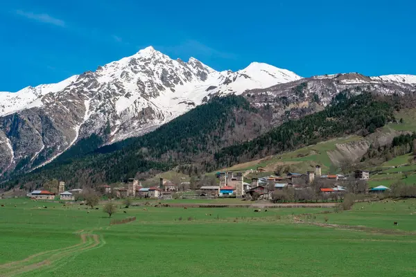 Georgia, Svaneti 'deki Tsaldashi köyünden Tetnuldi Dağı' nın manzarası. Seyahat