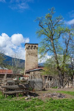 Latali köyü, Svaneti, Kafkasya 'daki geleneksel Svan Kuleleri. Georgia 'da seyahat.