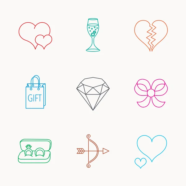 Corazón de amor, caja de regalo e iconos de anillos de boda . — Archivo Imágenes Vectoriales