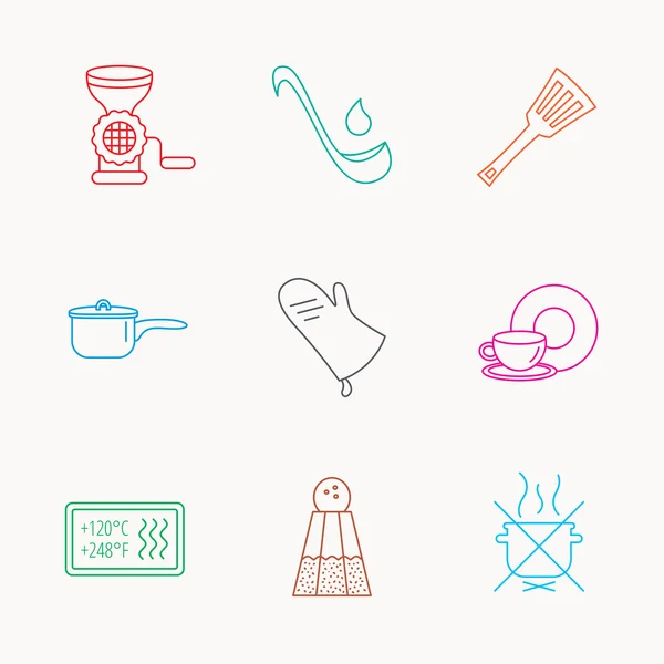 Soppa slev, Grytlapp och kök redskap ikonen. — Stock vektor