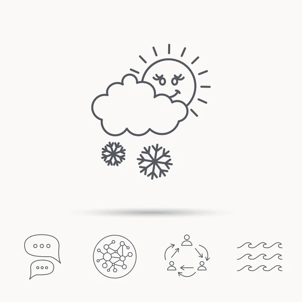 Nieve con icono del sol. Copos de nieve y señal de nube . — Vector de stock