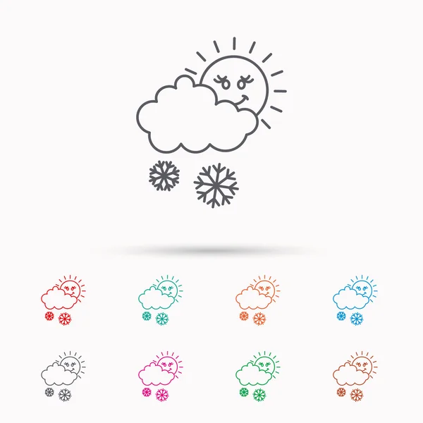 Neige avec icône soleil. Flocons de neige et signe de nuage . — Image vectorielle