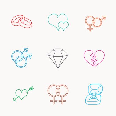 Aşk kalp, hediye kutusu ve alyans simgeler.