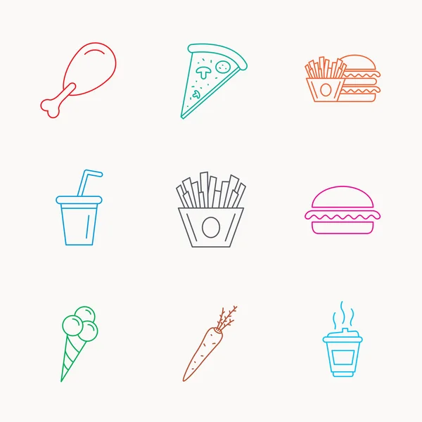 Hamburguesa vegetariana, pizza y refrescos iconos . — Vector de stock