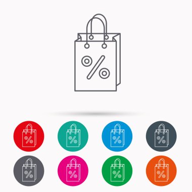 Alışveriş çantası simgesi. İndirimler ve satış işareti.