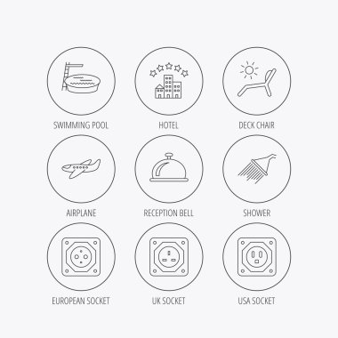 Otel, havuz ve plaj şezlong simgeler.