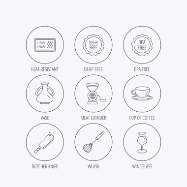 Kahve fincanı, kasap bıçağı ve bardağı simgeler.