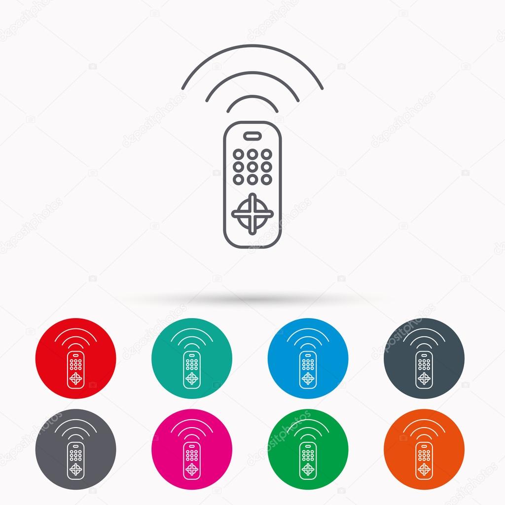 Remote control icon. TV switching channels sign. Linear icons in circles on white background.