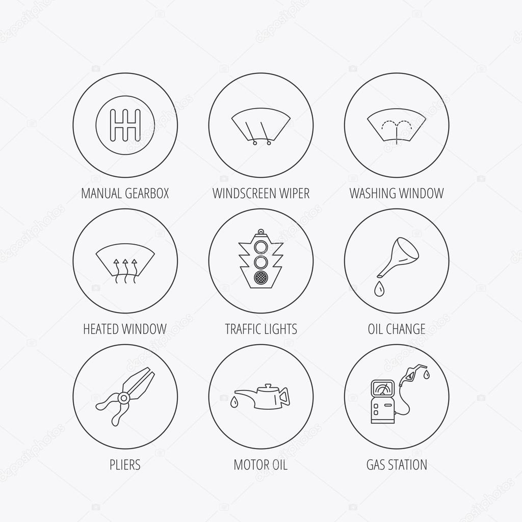 Motor oil change, traffic lights and pliers icons. Gas station, heated window and manual gearbox linear signs. Washing window icons. Linear colored in circle edge icons.