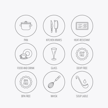 Mutfak bıçakları, cam ve pan simgeleri.
