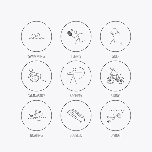 Iconos de natación, tenis y golf. Ciclismo, buceo . — Vector de stock