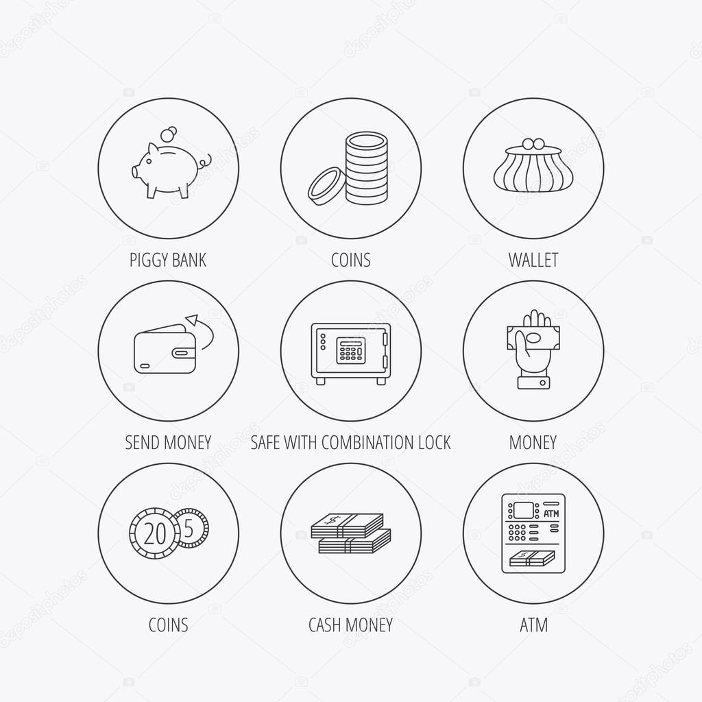 Piggy bank, cash money and wallet icons. Safe box, send money and dollar usd linear signs. Give money, coins and ATM icons. Linear colored in circle edge icons.